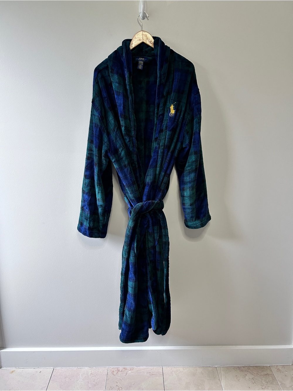 Polo Ralph Lauren Blue & Green Plaid Plush Robe Big Embroidered Pony Black Watch